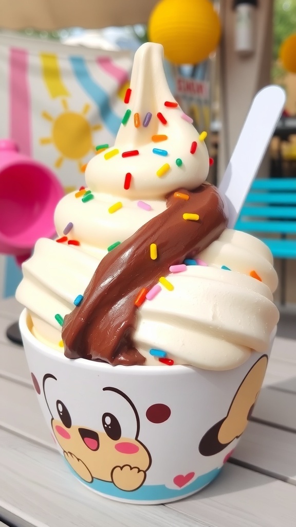 Pochacco Inspired Ice Cream Recipe A bowl of Pochacco inspired ice cream with sprinkles, set in a cheerful outdoor scene.